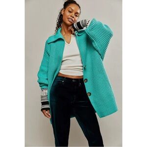 Free People Swim Too Deep Oversized Cardigan Sweater Size M Turquoise Color EUC